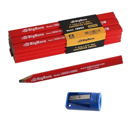 Big Horn Carpenter's Pencil Sharpener & 7 Inch Long x 9/16 Inch Wide Pencils, PK 12 19850